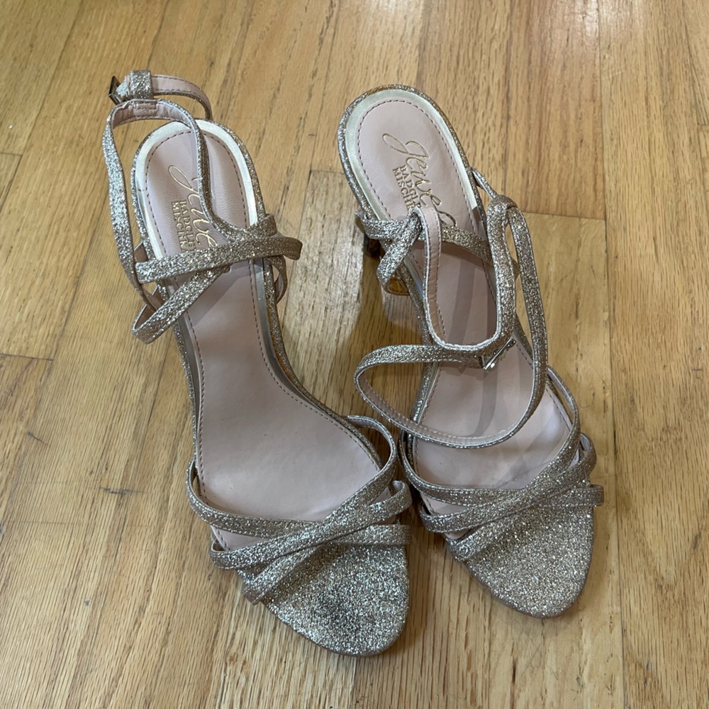 Jewel Badgley Mischka Gold Heeled Sandals with Sparkle
